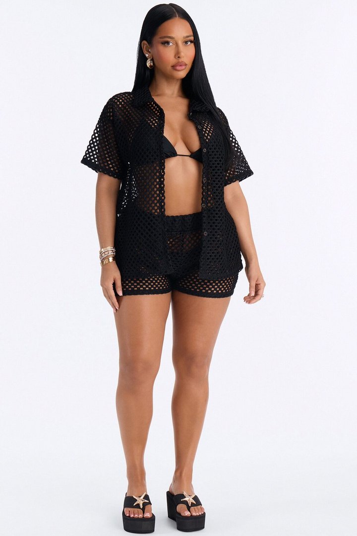 Paradise Sun Button Up Cover Up Shorts Set - Black