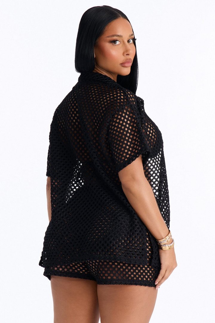 Paradise Sun Button Up Cover Up Shorts Set - Black