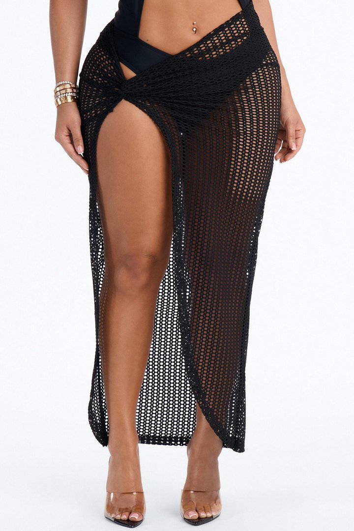 Island Breeze Crochet Fishnet Knotted Cover Up Skit - Black