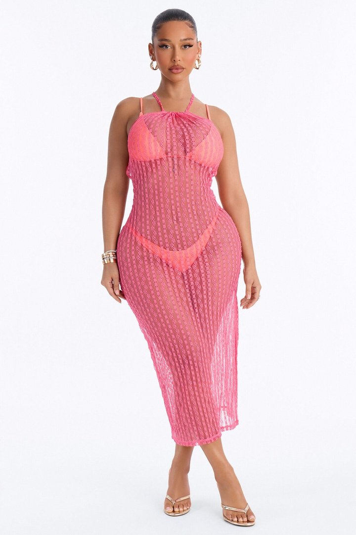 Summer Fling Stripe Lace Halter Cover Up Maxi Dress - Hot Pink