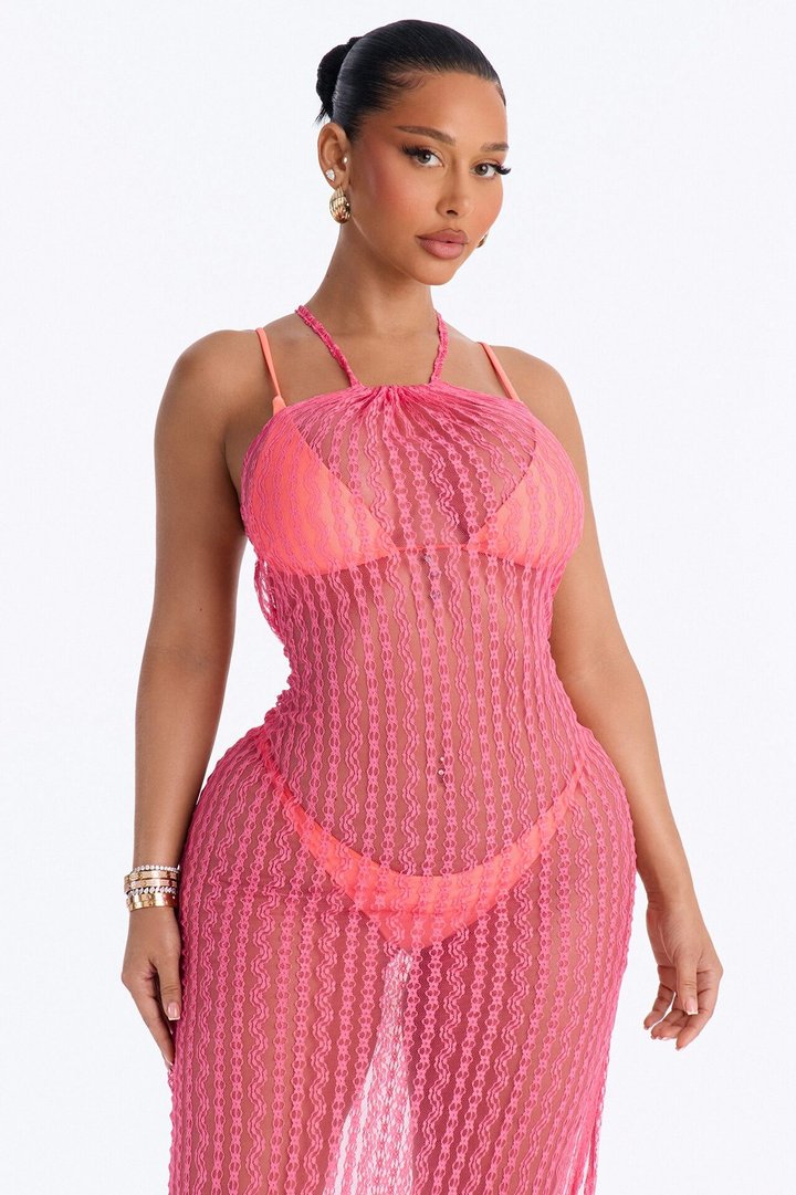 Summer Fling Stripe Lace Halter Cover Up Maxi Dress - Hot Pink