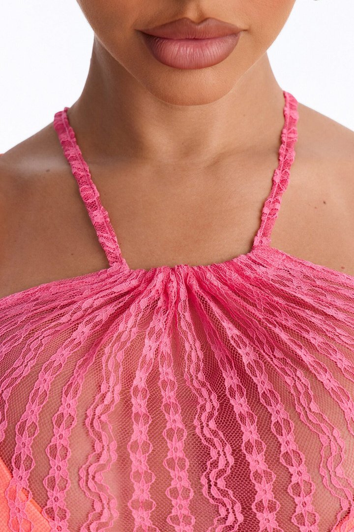 Summer Fling Stripe Lace Halter Cover Up Maxi Dress - Hot Pink