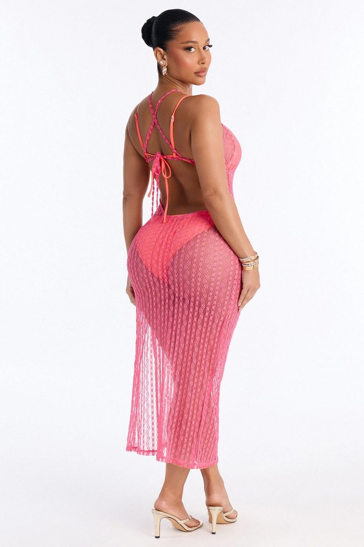 Summer Fling Stripe Lace Halter Cover Up Maxi Dress - Hot Pink