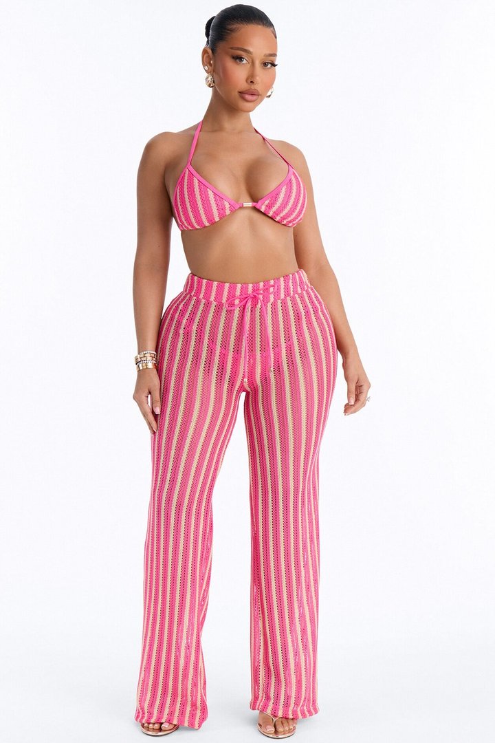Callie Crochet 3 Piece Bikini & Pants Set - Fuchsia/combo