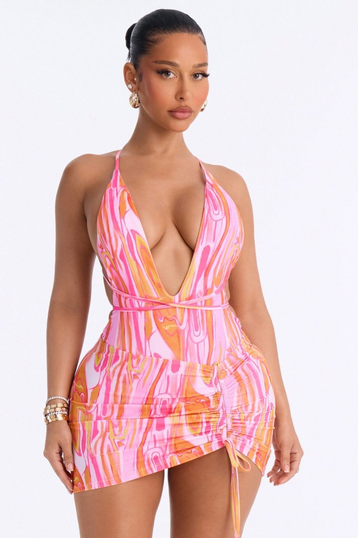 Atiana 1 Piece Swirl Halter Plunge Swimsuit & Mini Cover Up Skirt Set - Pink/combo