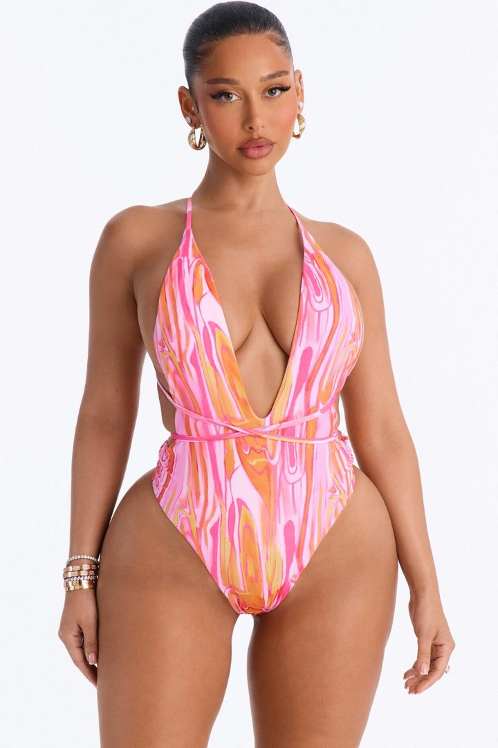 Atiana 1 Piece Swirl Halter Plunge Swimsuit & Mini Cover Up Skirt Set - Pink/combo