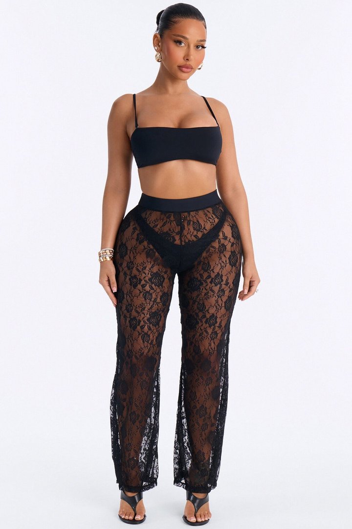Heat Check 3 Piece Bandeau Bikini & Lace Cover Up Pant Sunsuit - Black
