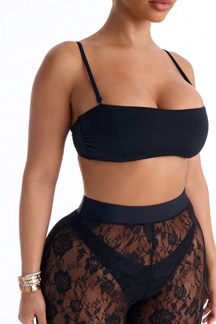 Heat Check 3 Piece Bandeau Bikini & Lace Cover Up Pant Sunsuit - Black