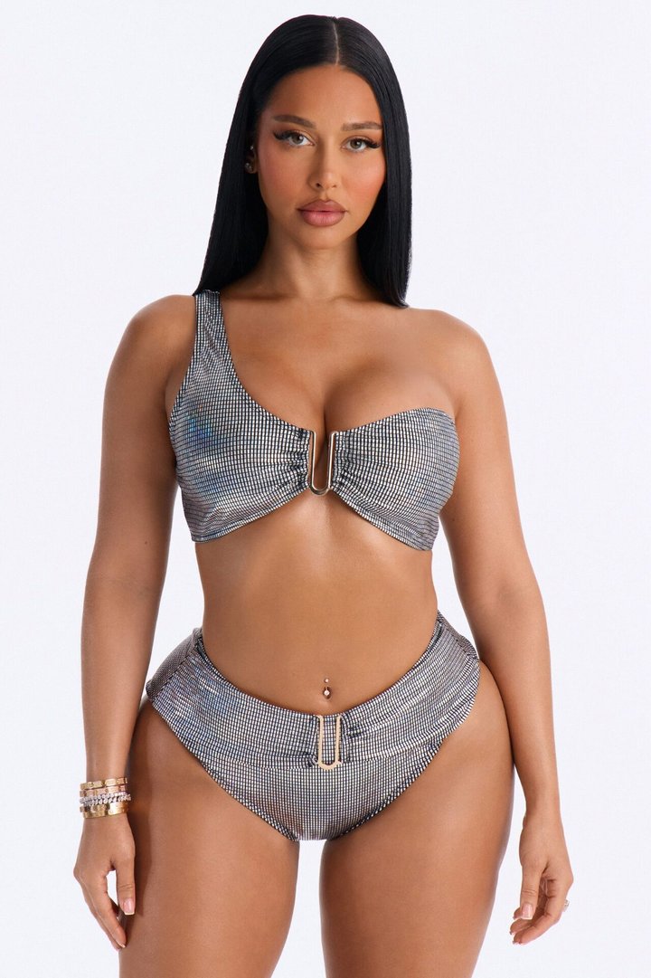 Bubble Up 2 Piece Belted One Shoulder Bikini Set - Silver