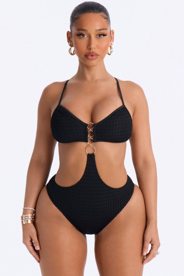 On The Sunny Side 1 Piece Ribbed Cut Out Swimsuit - Black