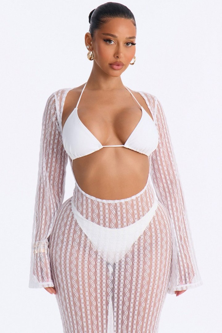 Summer Fling Stripe Lace Scoop Cover Up Maxi Dress - White