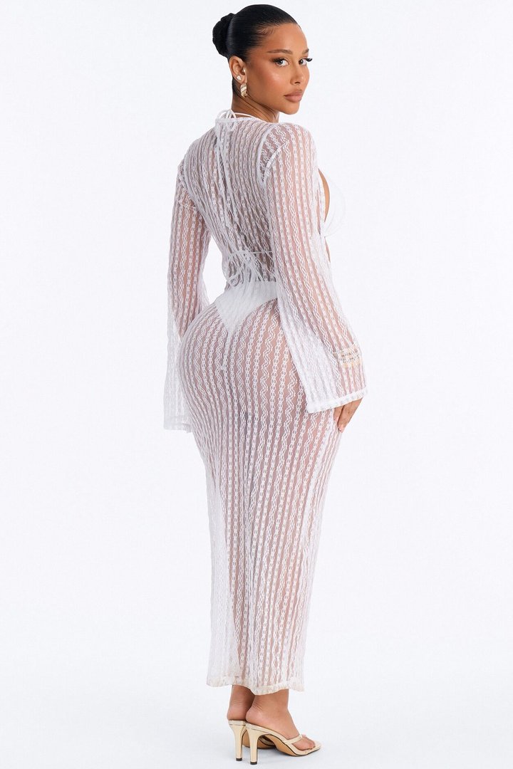 Summer Fling Stripe Lace Scoop Cover Up Maxi Dress - White