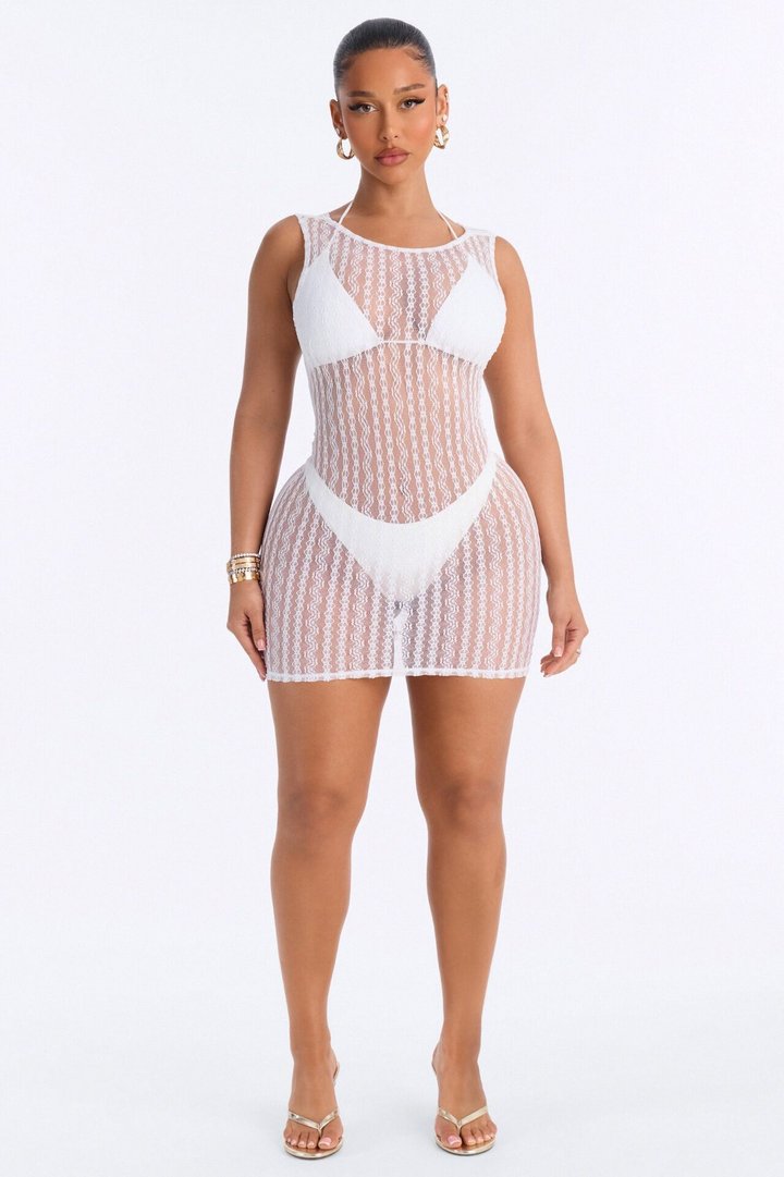 Summer Fling Stripe Lace Back Cowl Cover Up Mini Dress - White