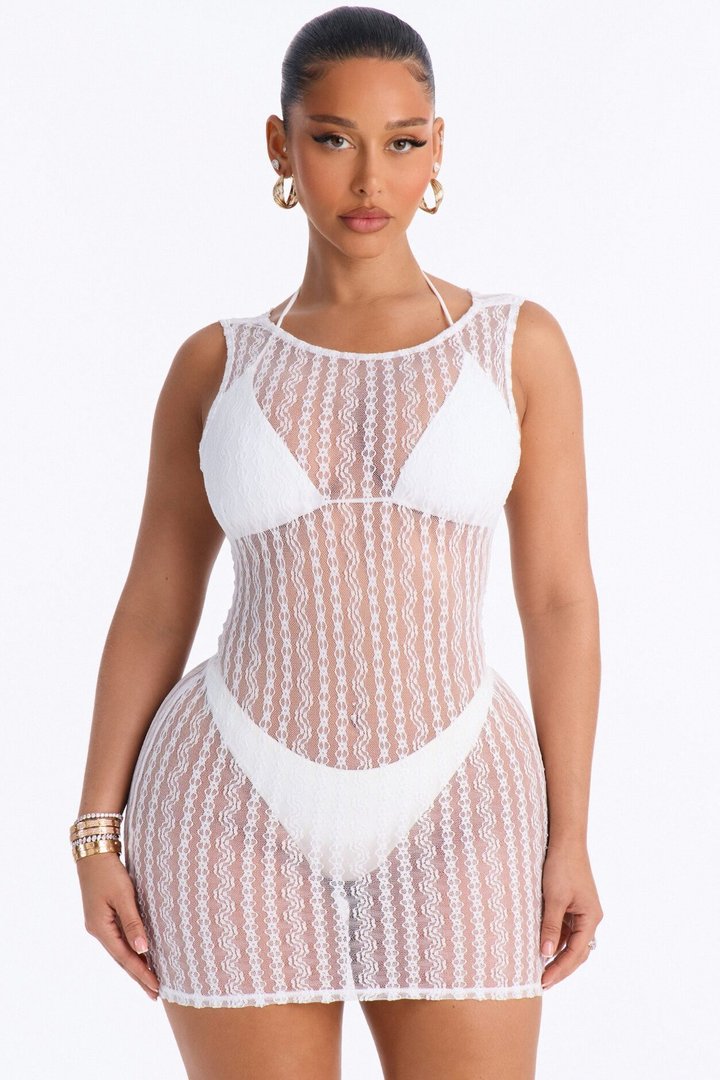 Summer Fling Stripe Lace Back Cowl Cover Up Mini Dress - White