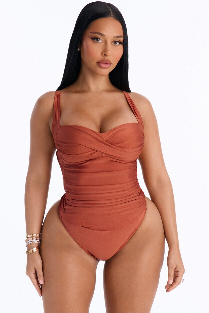 Soft Spoken 1 Piece Ruched Bandeau Swimsuit - Brown