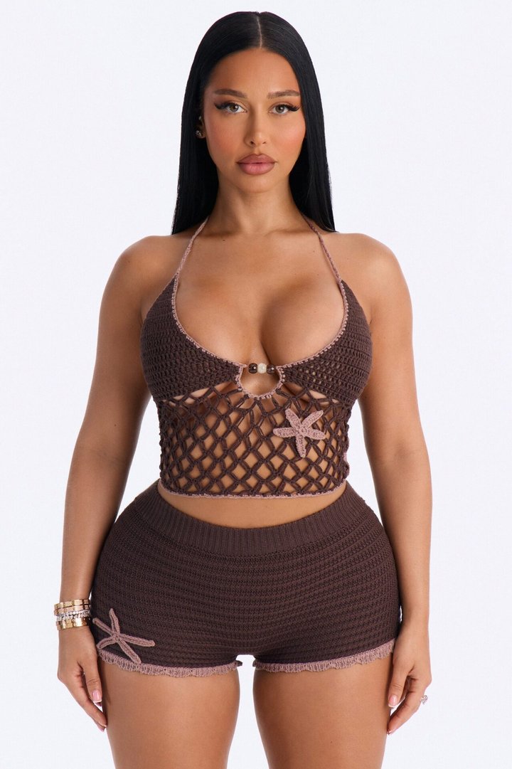 Tilly Crochet Beaded 2 Piece Tankini & Boyshort Set - Brown