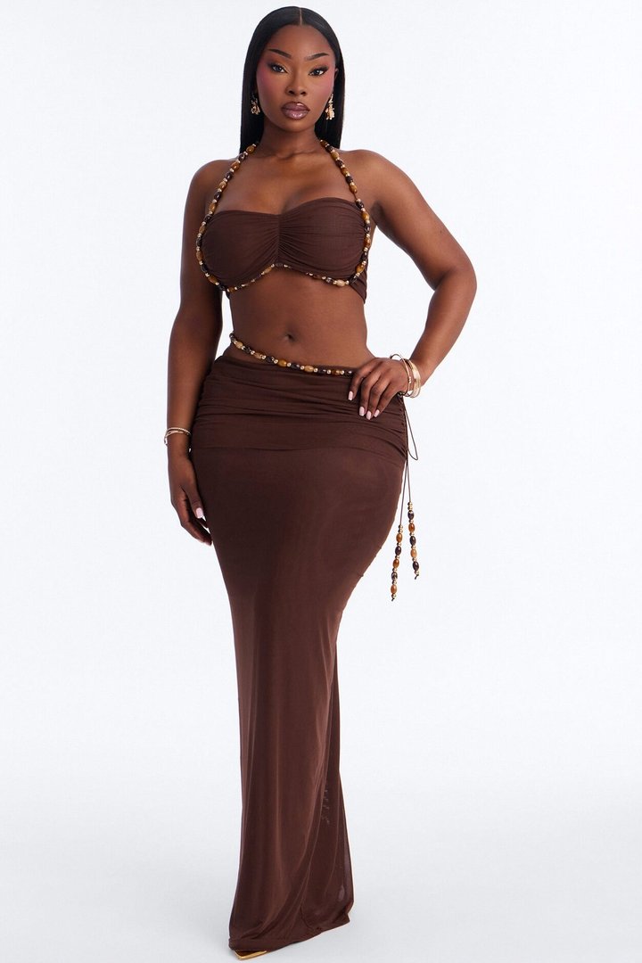 Bora Breeze Beaded Mesh Skirt Set - Chocolate