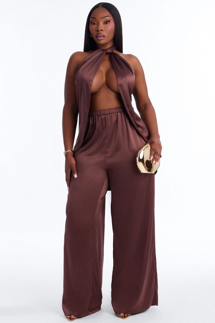 Nova Satin Pant Set - Chocolate