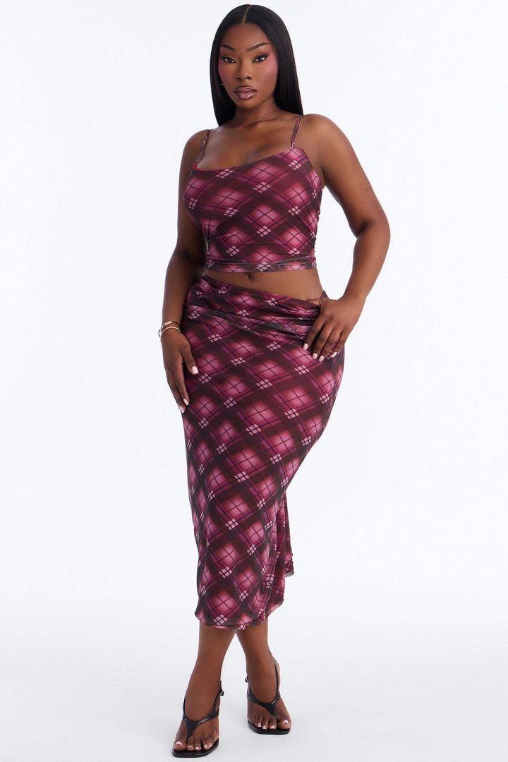 Mayla Mesh Plaid Skirt Set - Burgundy/combo