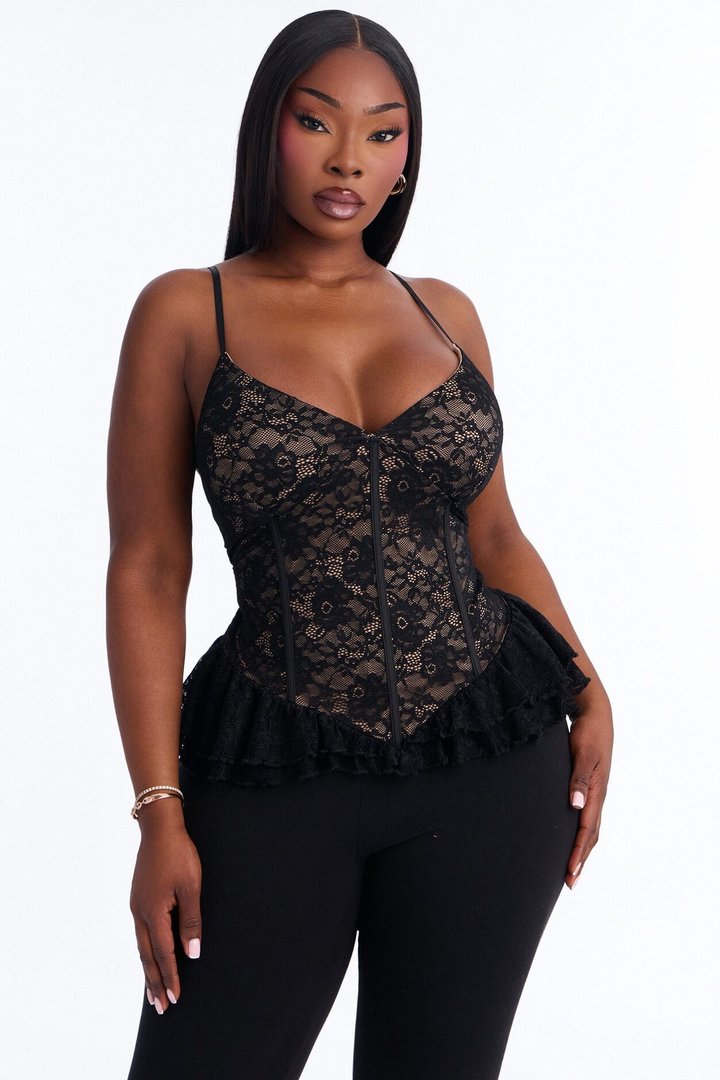 Another Romance Lace Ruffle Corset Top - Black