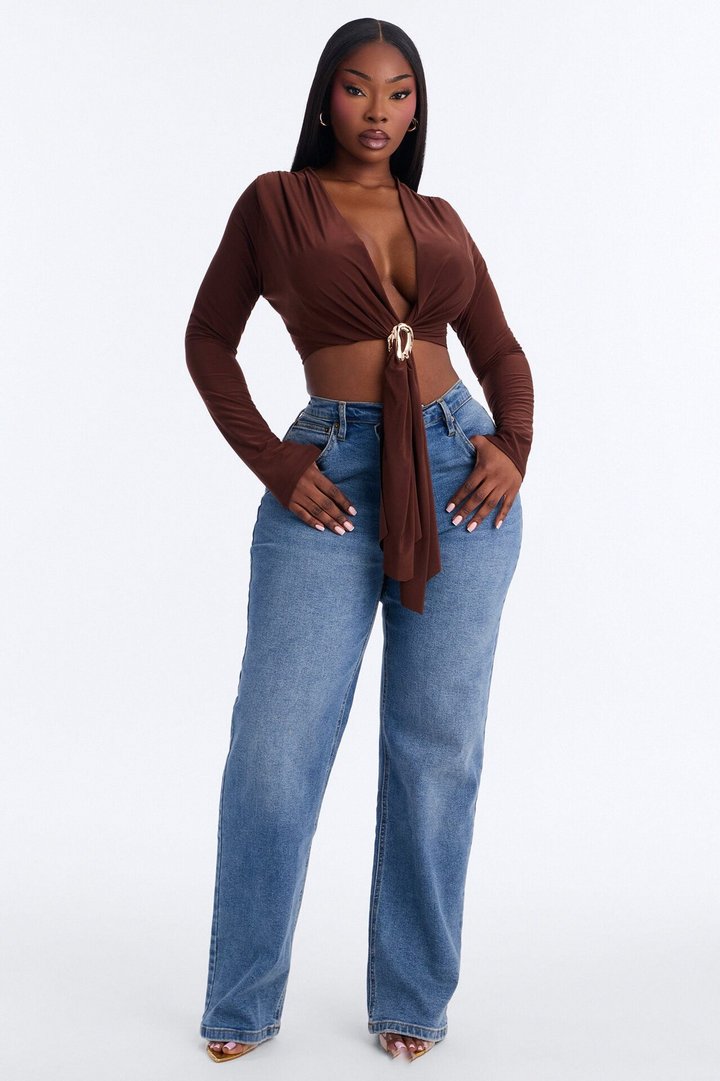 Havana Hardware Draped Long Sleeve Top - Chocolate