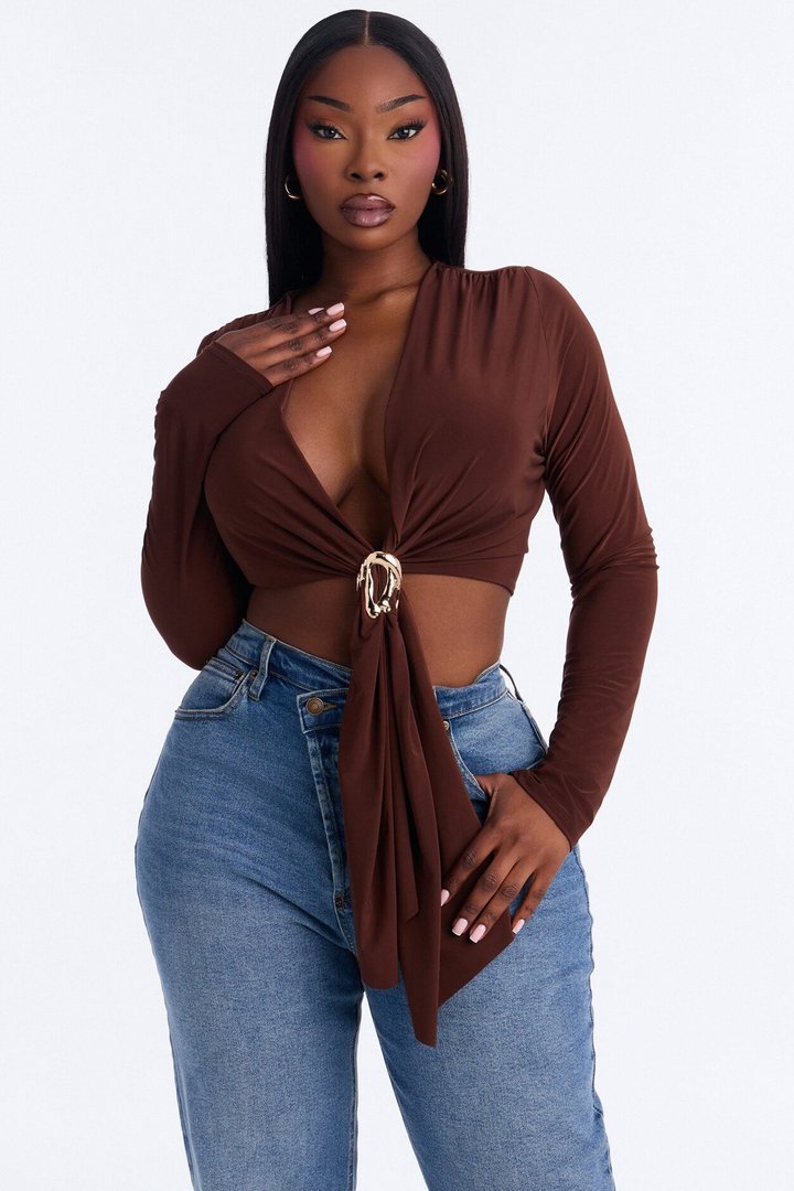 Havana Hardware Draped Long Sleeve Top - Chocolate
