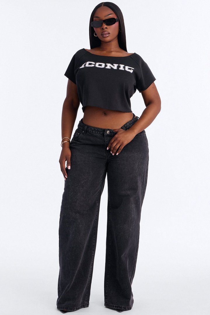 Iconic Off Shoulder Washed Cropped Tee - Black