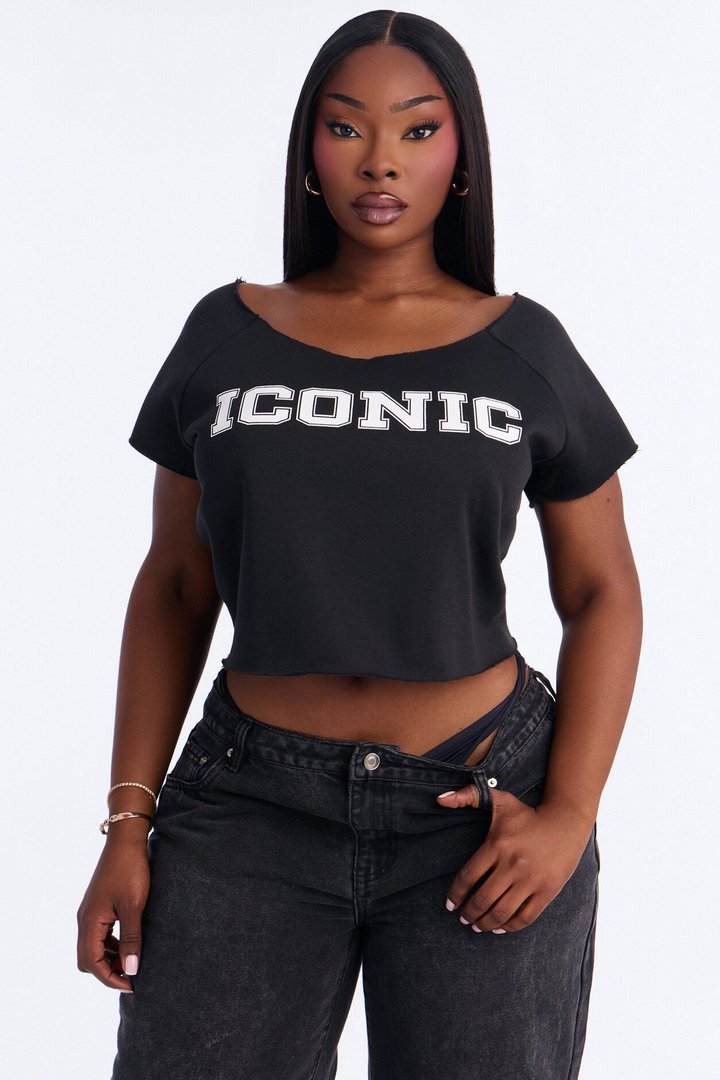 Iconic Off Shoulder Washed Cropped Tee - Black