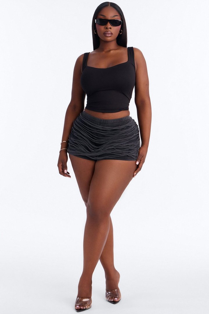 Don't Play Me Washed Fringe Micro Short - Charcoal