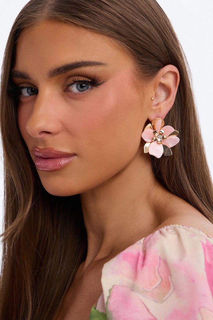 Meadow Muse Floral Stud Earrings - Gold/Pink