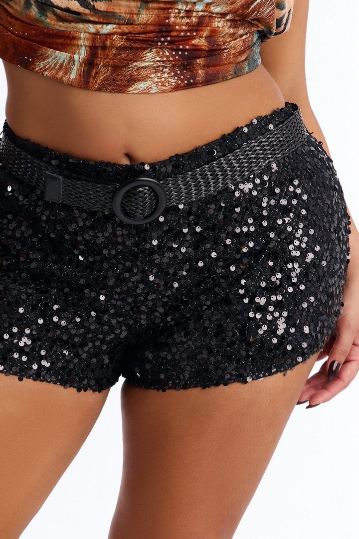 Aitana Low Rise Crochet Sequin Belted Hot Short - Black