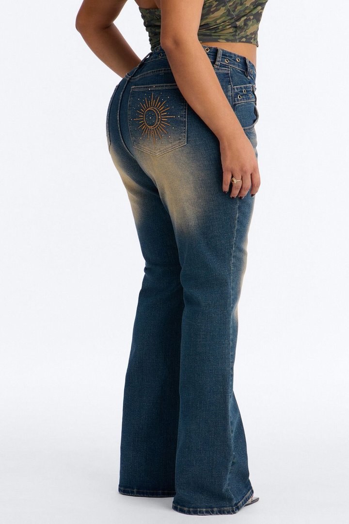Up Until Sunrise Embroidered Dip Waist Flare Jeans - Vintage Wash
