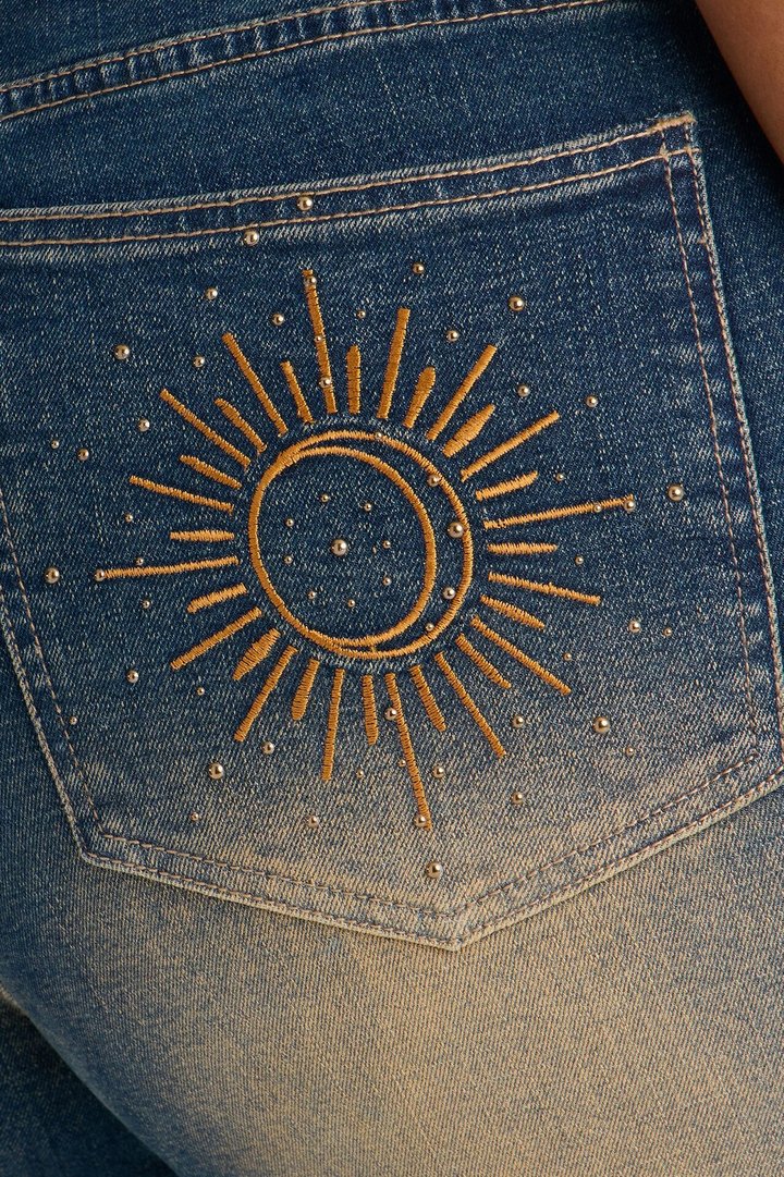 Up Until Sunrise Embroidered Dip Waist Flare Jeans - Vintage Wash