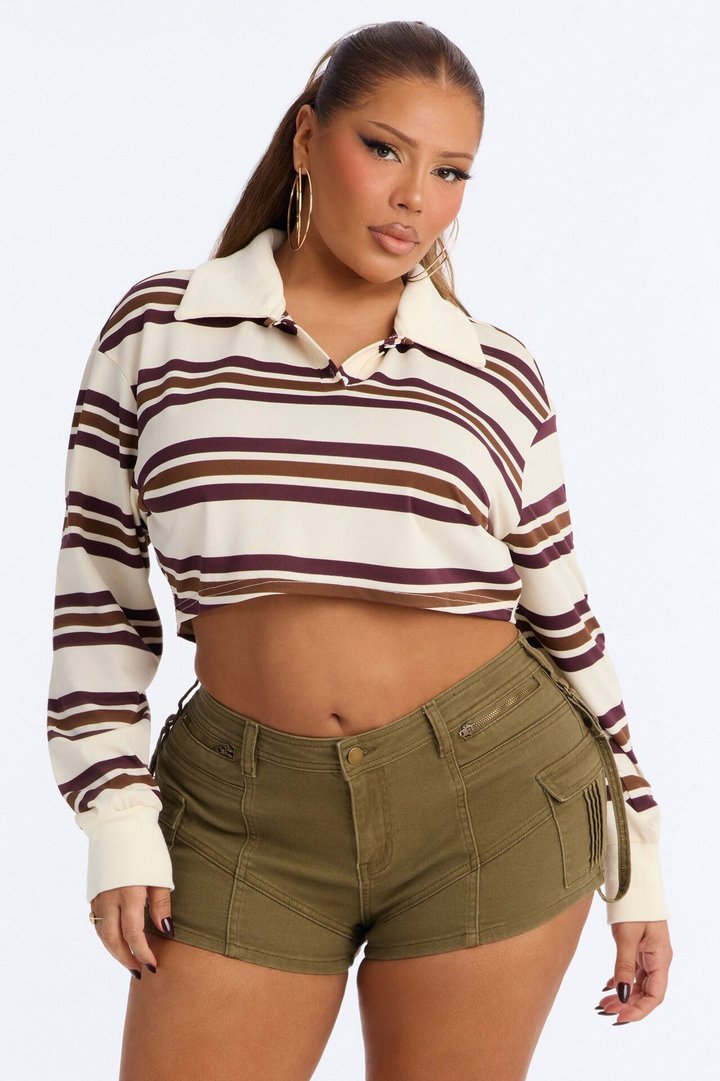Easy Days Striped Cropped Polo Top - Cream/combo