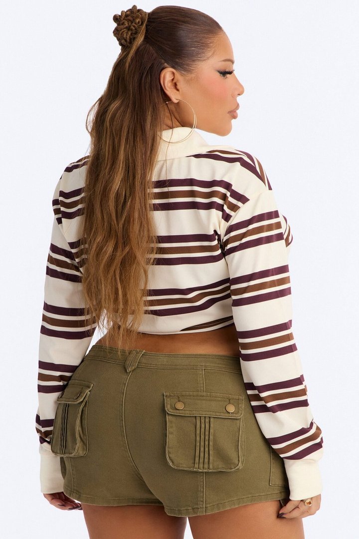 Easy Days Striped Cropped Polo Top - Cream/combo