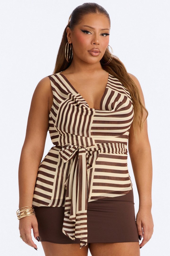 Calliope Tie Waist Striped Chiffon Blouse - Brown/combo