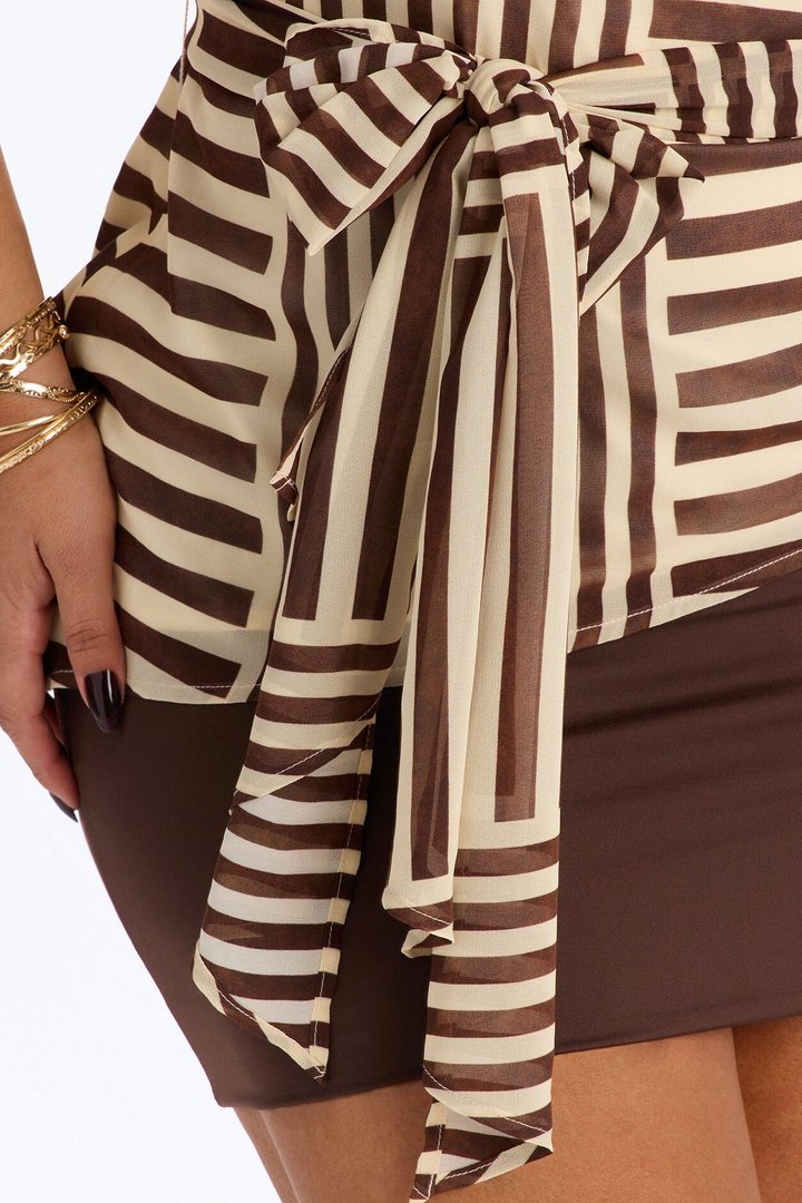 Calliope Tie Waist Striped Chiffon Blouse - Brown/combo