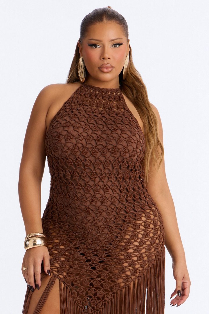 Heatwave Fringe Crochet Maxi Dress - Chocolate