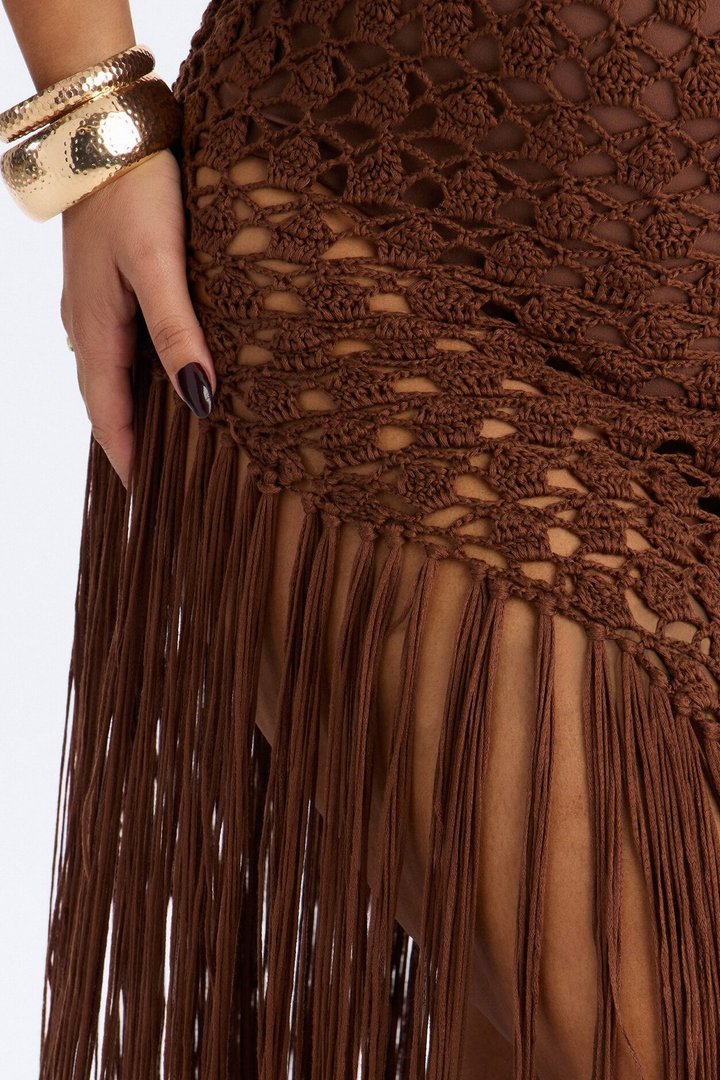 Heatwave Fringe Crochet Maxi Dress - Chocolate