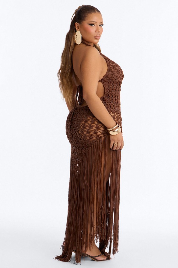 Heatwave Fringe Crochet Maxi Dress - Chocolate