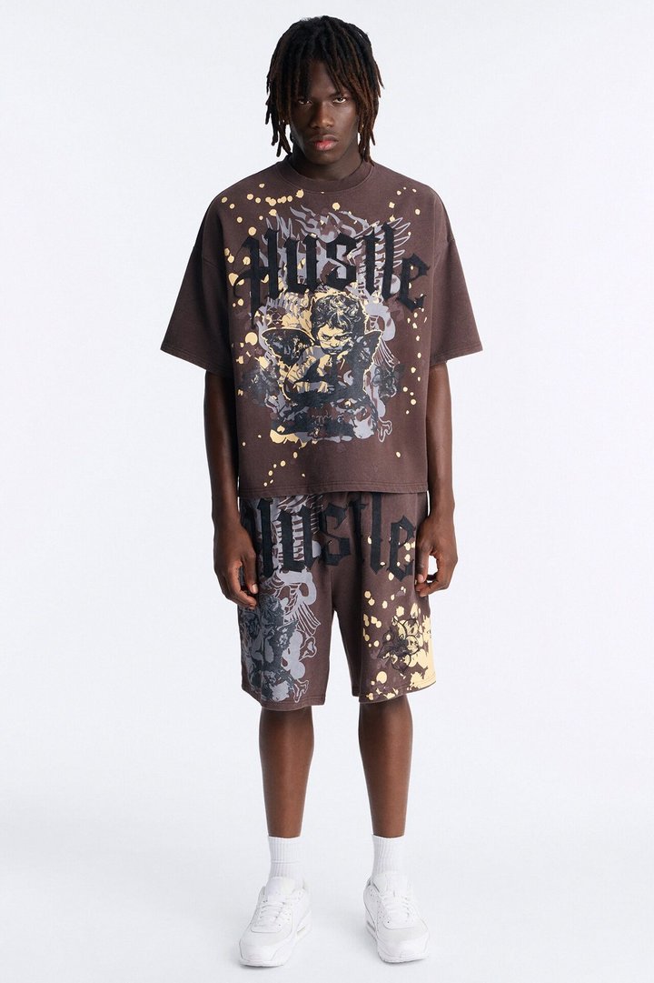 Heavenly Hustle Patch Oversized French Terry Tee - Brown