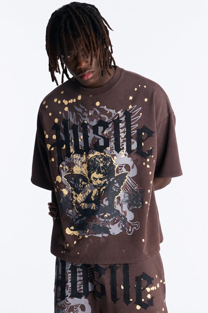 Heavenly Hustle Patch Oversized French Terry Tee - Brown
