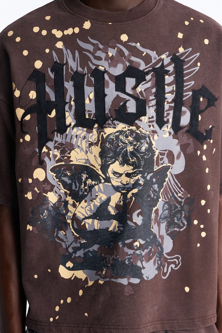 Heavenly Hustle Patch Oversized French Terry Tee - Brown