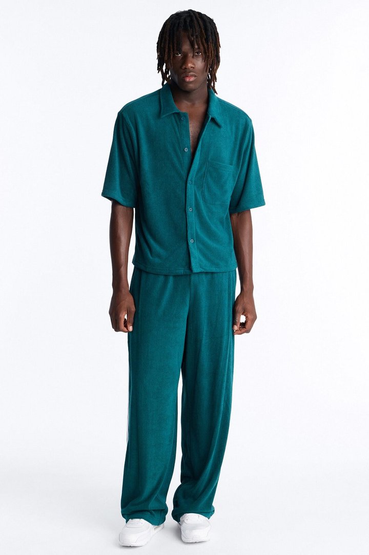 Classic Terry Cloth Button Up Shirt - Teal