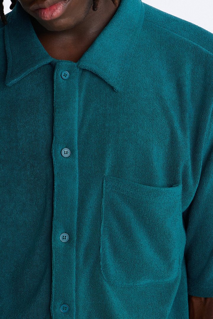 Classic Terry Cloth Button Up Shirt - Teal