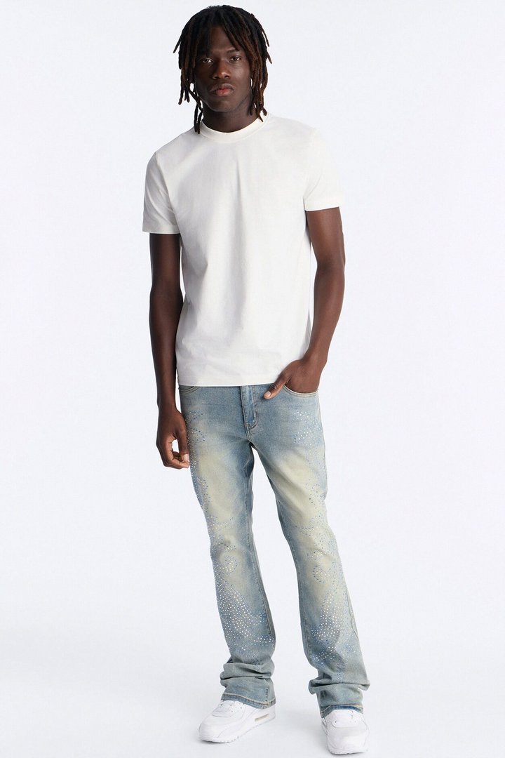 Stacked Skinny Flare Jeweled Sky Rays Jean - Light Blue Wash