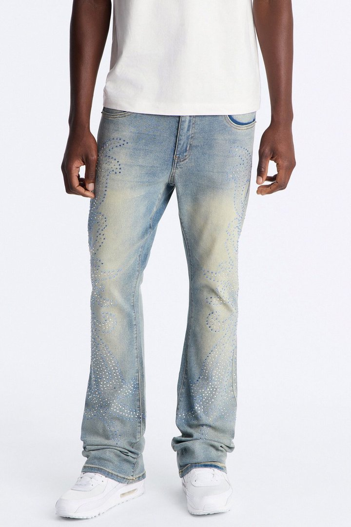 Stacked Skinny Flare Jeweled Sky Rays Jean - Light Blue Wash