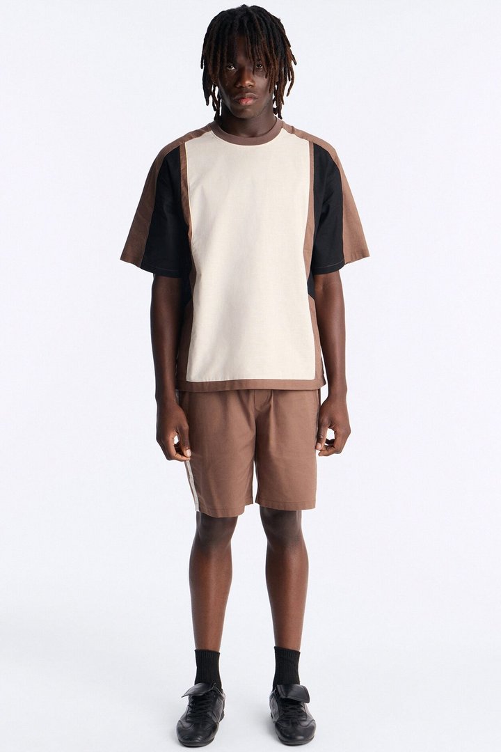 Basic Color Block Short Sleeve Tee - Brown/combo