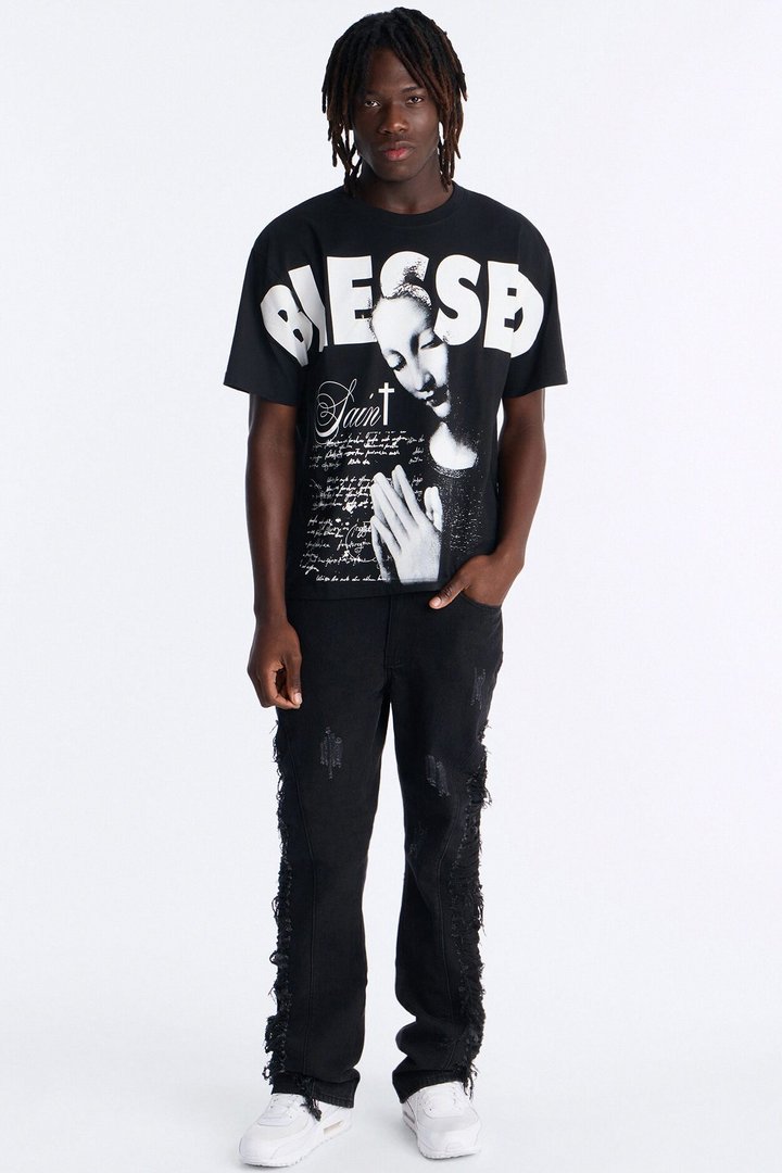 Stacked Slim Flare Slashed Down Jean - Black Wash