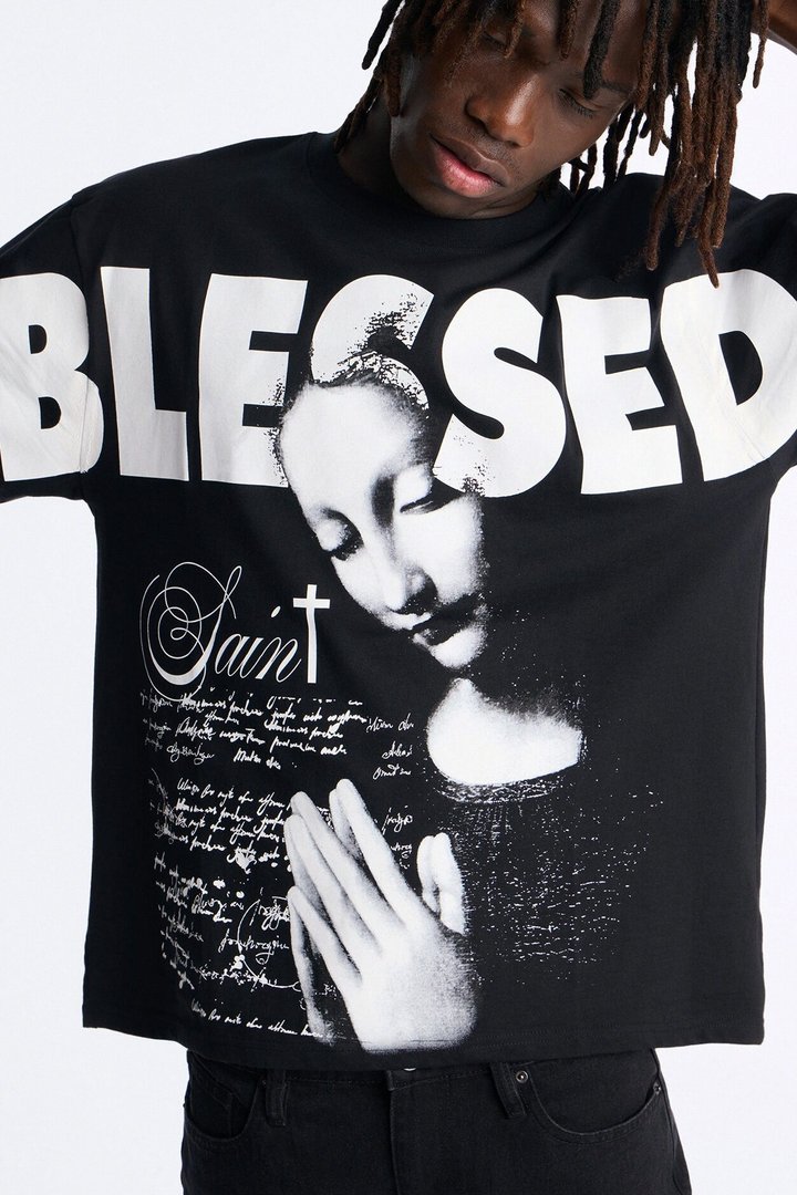Blessed Saint Prayer Oversized Short Sleeve Tee - Black